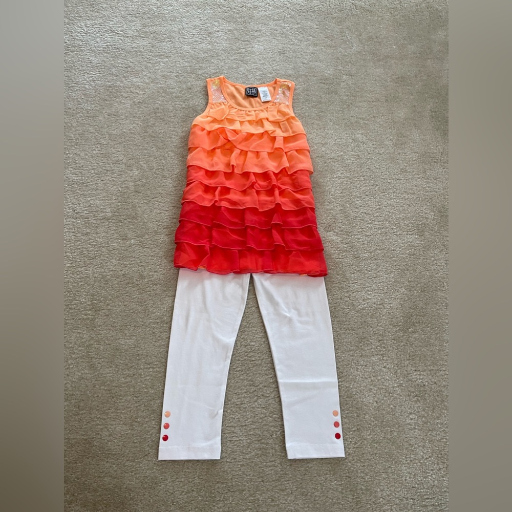 Orange Ruffle Tank Top with White Capri Pants - Girl’s Size: Small 7/8